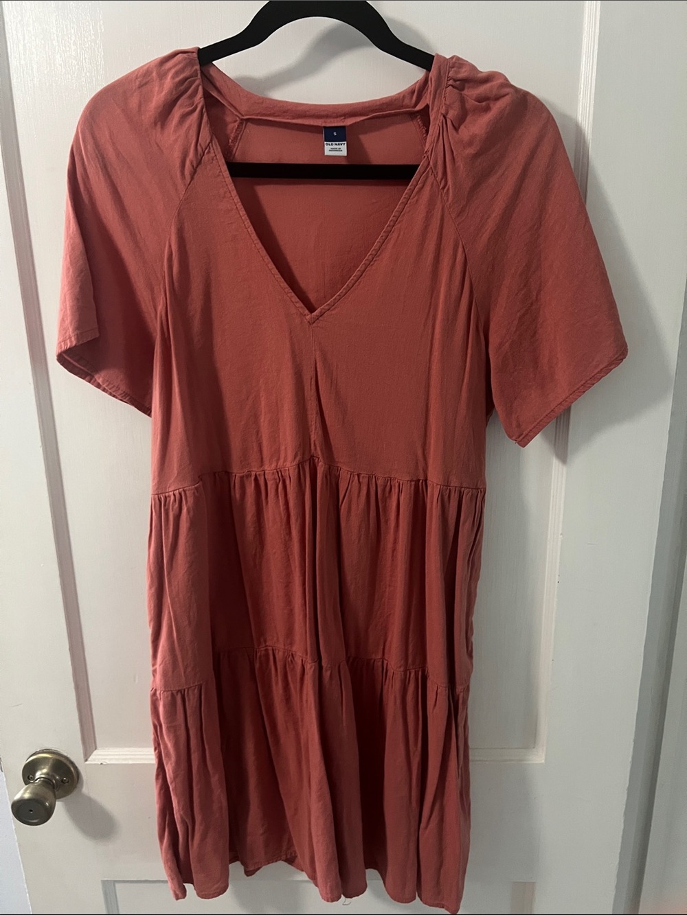 Old Navy Rust Babydoll Tiered Mini Dress Short Sleeve Boho Cottage-core Sz S